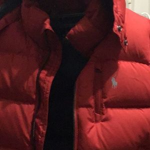 Red puffer jacket